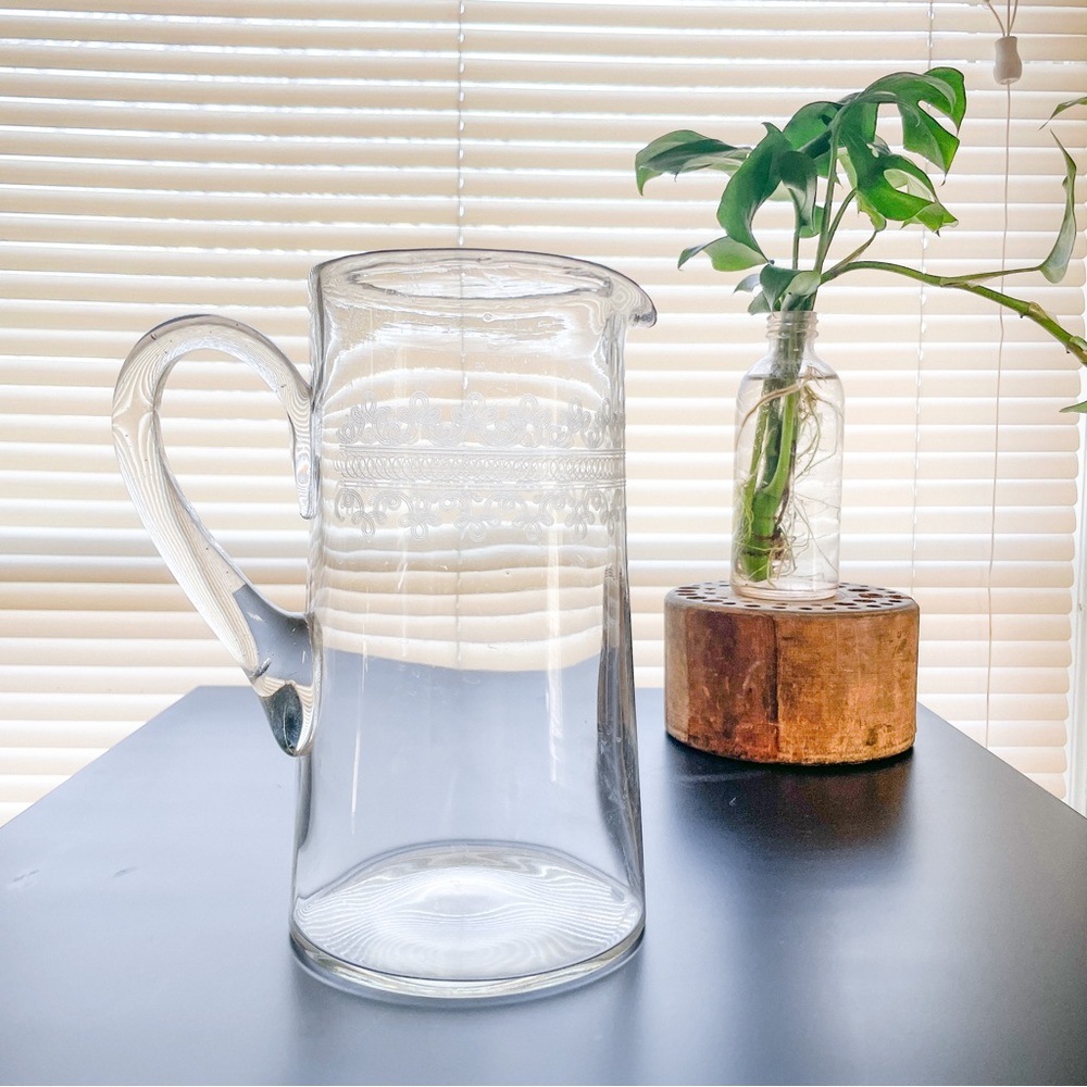 Vintage Clear Glass Etched Pitcher